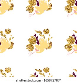 Gold flowers background. Vector glitter textured seamless pattern with flowers bouquet.