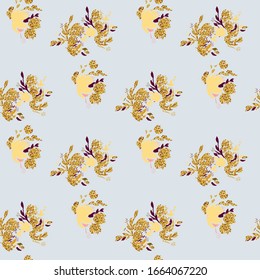Gold flowers background. Vector glitter textured seamless pattern with flowers bouquet.