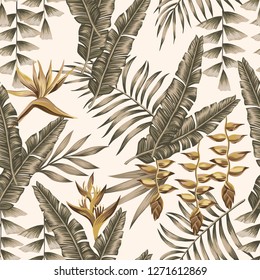 Gold flowers bird of paradise, brown tropical leaves seamless vector pattern white background