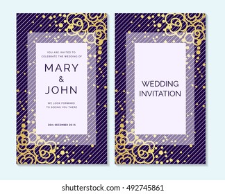 Gold flowers and confetti on striped purple background design layout for Wedding invitation, thank you card, save the date cards, baby shower, menu, flyer, template. Elegant luxury wedding invitation.