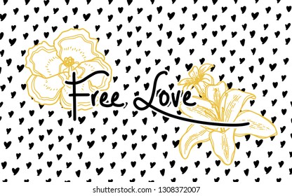  Gold flowers. Valentine´s day cute lettering.  