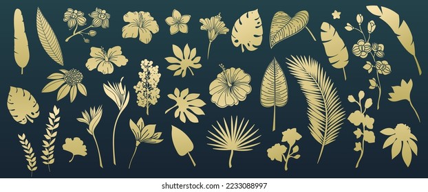 Gold flowers and leaves, cutout glyph set vector illustration. Golden silhouettes of luxury tropical blossom and leaf of exotic plant, elegant decoration for bouquet and gold floral collection