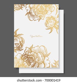 Gold flowers and leaves of peonies. Vector elements for design template. Vintage peonies for cards, wedding invitation, posters, save the date or greeting design, quotes, brochures, banners.