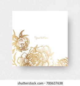 Gold flowers and leaves of peonies. Vector elements for design template. Vintage peonies for cards, wedding invitation, posters, save the date or greeting design, quotes, brochures, banners.