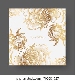 Gold flowers and leaves of peonies. Vector elements for design template. Vintage peonies for cards, wedding invitation, posters, save the date or greeting design, quotes, brochures, banners.