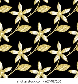 Gold flowers of lemon tree on black background seamless pattern. Vector illustration. Design for food, cosmetics, medicinal, homeopathy products, textile and more. All over print.