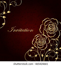 Gold flowers on dark red background with pattern. Vector illustration.