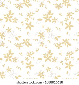 Gold flowers on a white background. Vector seamless abstract illustration. Scalable to any size. For textiles, notebooks, wallpaper, clothing, background surfaces.