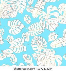 Gold flowers pattern. Seamless pattern with golden tropical leaves on a blue background. Vector graphics.