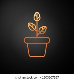 Gold Flowers in pot icon isolated on black background. Plant growing in a pot. Potted plant sign.  Vector Illustration