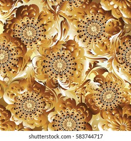 Gold flowers seamless pattern. Light floral background. Flowery wallpaper illustration with flourish decorative abstract ornaments and antique baroque leaves. Decor elements with shadow and highlights
