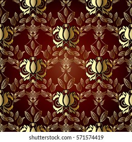 Gold flowers seamless pattern. Vintage floral red background. Luxury flourish wallpaper with decorative antique  gold  tulip flowers, swirl leaves and beautiful  line art  ornaments. Vector fabric
