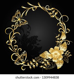 Gold flowers with shadow on dark background. Vector illustration.