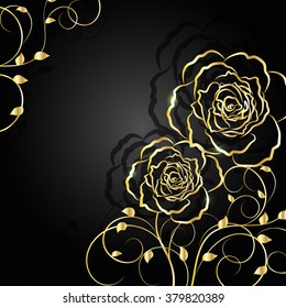 Gold flowers with shadow on dark background. Vector illustration.