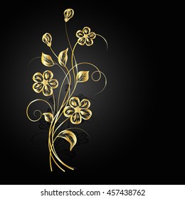 Gold flowers with shadow on dark background. Vector illustration.