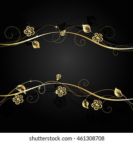 Gold flowers with shadow on dark background. Vector illustration.