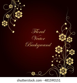 Gold flowers with shadow on dark red background. Vector illustration.