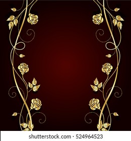 Gold flowers with shadow on dark red background. Vector illustration.