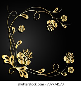 Gold flowers with shadow on dark background. Vector illustration.