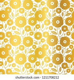 Gold flowers texture vector seamless pattern. Great for spring, summer, and fall wallpaper, backgrounds, invitations, packaging design projects. Surface pattern design.