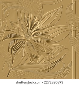 Gold flowers textured 3d seamless pattern. Floral embossed golden vector background. Grunge ornate abstract relief backdrop. Line art  hand drawn tropical flowers, leaves. Surface plants ornaments.