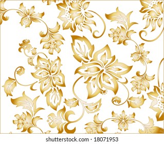 Gold  flowery pattern vector illustration with intricate floral arabesques