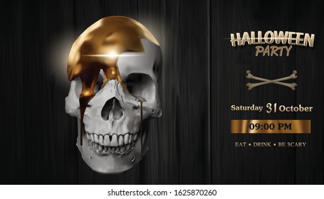 The gold flows on the skull.Halloween party.dark brown wooden wall.Vector Illustration Of Realistic.