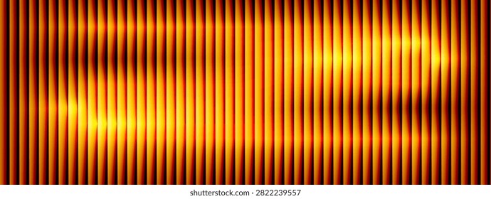 Gold fluted glass creates an abstract background with vertical bands and bright refraction. Wavy highlights cross the background in amber and brown. Gold vector panel texture for music cover design