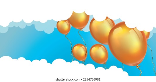 Gold Flying Air Balloons in Blue Sky. Realistic 3d Helium Balloons.