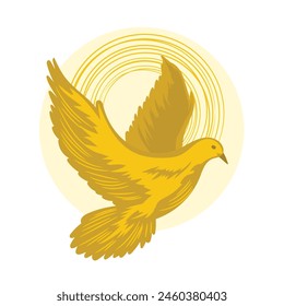 Gold fliegende Taube mit Sonnenstrahlen.