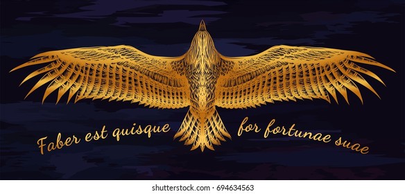 Gold flying eagle on the black background. Sketch for tattoo art, jewelry, pendant. Flight of bird. Vector illustration. Boho chic. Fairy swift.