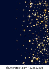 Gold flying glitter confetti of stars and circles, cosmic abstract vector background. Decorative pattern design on dark blue with golden glowing sparkles. Flying elements banner, cover, card.