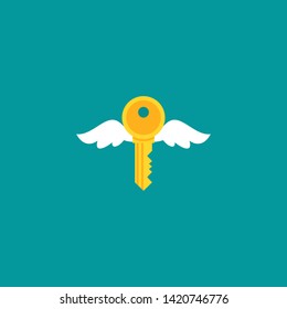 gold flying key with wings icon. Vector illustration isolated on blue. Home, house, flat, estate symbol. catch luck or hint.