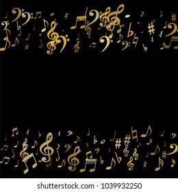 Gold flying musical notes border isolated on black backdrop. Cute musical notation symphony signs, notes for sound and tune music. Vector symbols border for melody recording, prints and back layers.