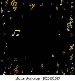 Gold flying musical notes frame isolated on black background. Cute musical notation symphony signs, notes for sound and tune music. Vector symbols frame for melody recording, prints and back layers.