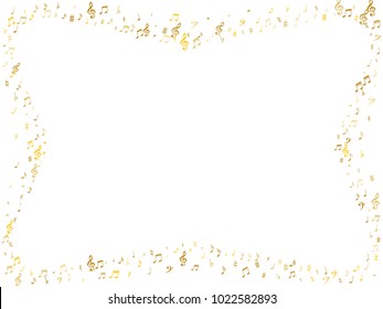 Gold flying musical notes frame isolated on white background. Musical notation symphony signs frame or canvas, notes for sound and music. Vector symbols for melody recording, prints and back layers.