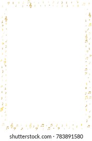 Gold flying musical notes frame isolated on white background. Metallic musical notation symphony signs, notes for sound and music. Vector symbols frame for melody recording, prints and back layers.