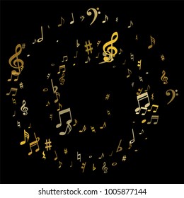 Gold flying musical notes isolated on black backdrop. Cute musical notation symphony signs, notes for sound and tune music. Vector symbols for melody recording, prints and back layers.