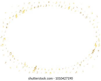 Gold flying musical notes isolated on white background. Fresh musical notation symphony signs, notes for sound and tune music. Vector symbols frame for melody recording, prints and back layers.