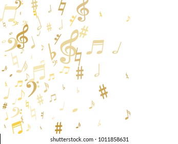 Gold flying musical notes isolated on white backdrop. Cute musical notation symphony signs, notes for sound and tune music. Vector symbols for melody recording, prints and back layers.