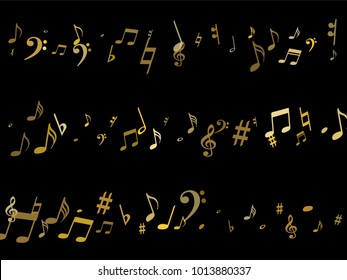 Gold flying musical notes isolated on black backdrop. Stylish musical notation symphony signs, notes for sound and tune music. Vector symbols for melody recording, prints and back layers.