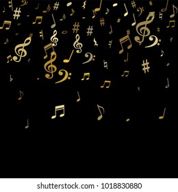 Gold flying musical notes isolated on black backdrop. Stylish musical notation symphony signs, notes for sound and tune music. Vector symbols for melody recording, prints and back layers.