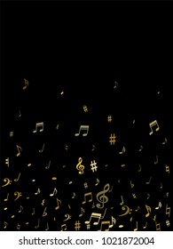 Gold flying musical notes isolated on black backdrop. Metallic musical notation symphony signs, notes for sound and tune music. Vector symbols for melody recording, prints and back layers.