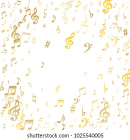 Gold flying musical notes isolated on white backdrop. Fresh musical notation symphony signs, notes for sound and tune music. Vector symbols for melody recording, prints and back layers.