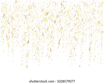 Gold flying musical notes isolated on white backdrop. Fresh musical notation symphony signs, notes for sound and tune music. Vector symbols for melody recording, prints and back layers.