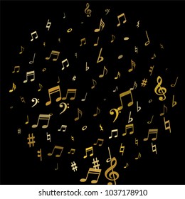 Gold flying musical notes isolated on black background. Cute musical notation symphony signs, notes for sound and tune music. Vector symbols for melody recording, prints and back layers.