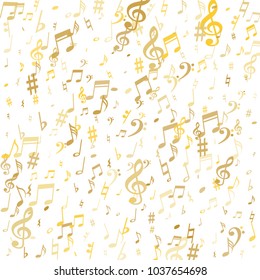Gold flying musical notes isolated on white background. Fresh musical notation symphony signs, notes for sound and tune music. Vector symbols for melody recording, prints and back layers.