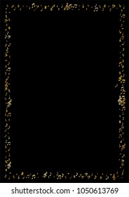 Gold flying musical notes isolated frame on black background. Fresh musical notation symphony signs, notes for sound and tune music. Vector symbols frame for melody recording, prints and back layers.