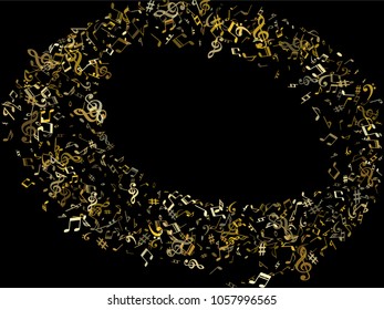 Gold flying musical notes isolated on black backdrop. Cute musical notation symphony signs, notes for sound and tune music. Vector symbols for melody recording, prints and back layers.