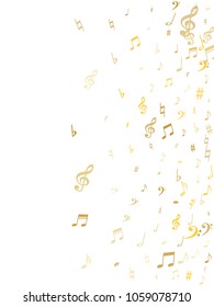 Gold flying musical notes isolated on white backdrop. Fresh musical notation symphony signs, notes for sound and tune music. Vector symbols for melody recording, prints and back layers.